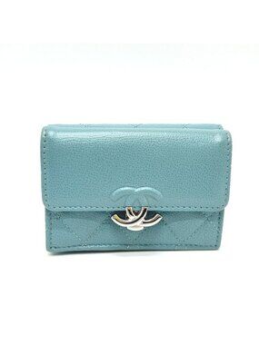 Chanel Trifold Wallet Half Coco Mark Leather Light Blue